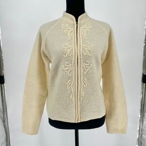 Karen Scott Cream 100% Wool Embroidered Knit Sweater Zip Jacket‎ Mock Neck M